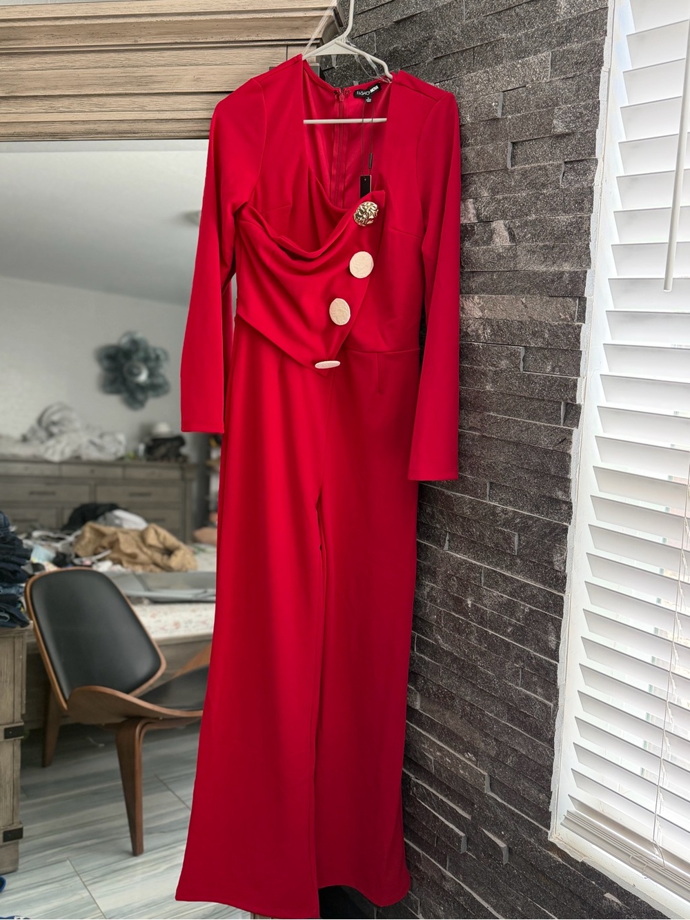 Fashion Nova Red Long-Sleeve Jumpsuit with Statement Buttons